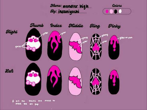 Monster High Inspired Nails, Scene Nails Emo, Monster High Nails, Fancy Nail Art, Holloween Nails, Band Nails, Fake Nails Designs, Anime Nails, Punk Nails