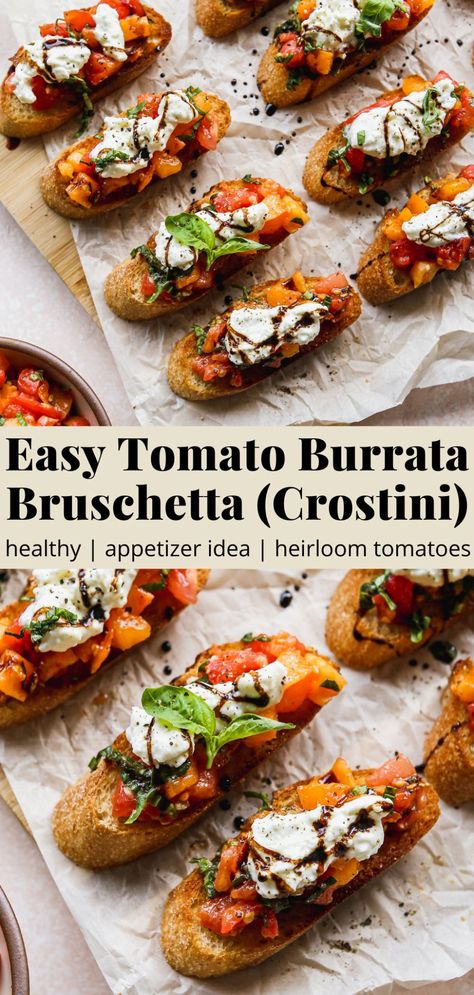 Tomato Burrata Bruschetta (Easy Appetizer!) | Walder Wellness, RD Burrata Bruschetta Recipe, Burrata Appetizer, Burrata Bruschetta, Bruschetta Appetizer, Burrata Recipe, Pesto Dressing, Skewer Appetizers, Burrata Cheese, Bruschetta Recipe