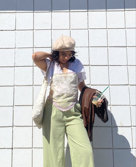 spring outfit inspo green pants pastel outfit spring fashion 2022 vintage outfit spring outfit ideas scarf as a shirt outfit vintage silk top shop pêche shoes brown shoes ballet core spring aesthetic outfit spring inspo Cottage Core Outfits With Pants, Cottage Core Vest Outfit, Pastel Green Pants Outfit, Grandma Core Fashion, Streetwear Cottage Core, Vintage Silk Scarf For Spring, Vintage Spring Outfits, Spring Vintage Patchwork Cardigan, Green Shirt Outfits