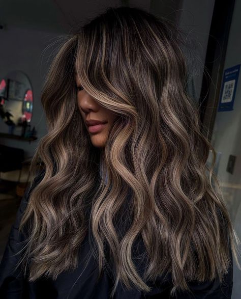 Face-Framing Ash Brown Highlights on Black Hair Brunette Balayage Hair Ashy, Balayage On Black Hair, Ashy Balayage, Black Hair Balayage, Ash Blonde Balayage, Brown Hair Looks, Color Balayage, Bronde Balayage, Brown Hair Inspo