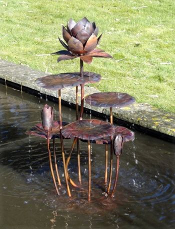 Lotus Sculpture Art, Lotus Fountain, Ponds Backyard Waterfall, Copper Fountain, Garden Fountains Outdoor, Lotus Sculpture, Lotus Plant, Outdoor Water Features, Garden Water Fountains