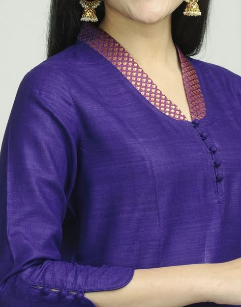 Fabindia.com | Silk Matka Brocade Trim Long Kurta: Cotton Kurties, Salwar Neck Designs, Churidar Neck Designs, Kurti Sleeves Design, Churidar Designs, Simple Kurta Designs, Designer Kurti Patterns, Simple Kurti Designs, Neck Designs For Suits