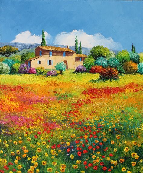 Provence ensoleillée, 55x46 cm huile sur toile au couteau Jean Marc, Hyperrealism, South Of France, Fine Art Painting, Provence, Flower Painting, House Plans, Painter, Art Painting