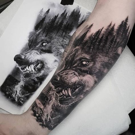 Viking Wolf Tattoo, Wolf Skull Tattoo, Traditional Wolf Tattoo, Wolf Tattoo Forearm, Fenrir Tattoo, Wolf Sleeve, Wolf Tattoos Men, Tattoo Man, Animal Sleeve Tattoo