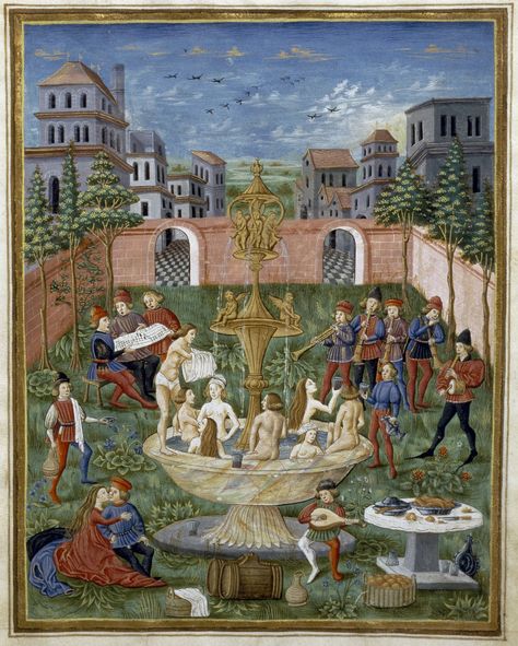 The Garden of Delights, by illuminator Cristoforo de Predis (ca.1440–ca.1486), miniature from the manuscript De sphaera mundi (On the sphere of the world), ca.1470 (Modena: Biblioteca Estense; photo by Leemage/Universal Images Group via Getty Images). Included as an illustration for Diana Spechler, "Opinion: The Nude Selfie Is Now High Art," The New York Times (24 April 2020). Ancient Greek Garden, Medieval Life, Hieronymus Bosch, Classic Garden, Garden Artwork, Medieval Manuscript, Fountain Of Youth, Garden Painting, The Fountain