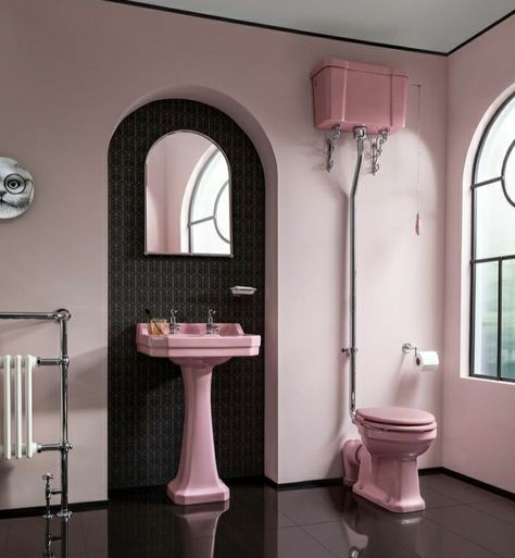 Easy Painting Projects, Pink Bathrooms, Burlington Bathroom, Pink Toilet, Bespoke Bathroom, Style Anglais, Bathroom Showrooms, Downstairs Loo, Retro Interior