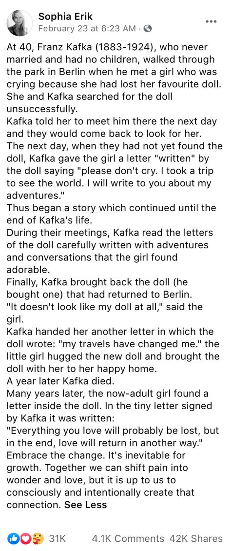 Did Franz Kafka Invent Letters from a Missing Doll to Comfort a Little Girl? | Snopes.com Kafka And The Doll, Franz Kafka Quotes Aesthetic, Franz Kafka Metamorphosis Quotes, Letters To Felice Kafka, Kafka Quotes Metamorphosis, Franz Kafka Aesthetic Wallpaper, Franz Kafka Love Quotes, Franz Kafka Poetry, Kafka Poems