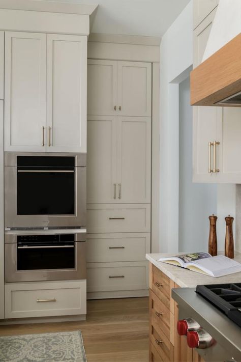 Hidden Oven, Door To Pantry, White Oak Island, Textured Furniture, Green Country Kitchen, Monochromatic Kitchen, Gray Subway Tile Backsplash, Best Kitchens, Home Redesign