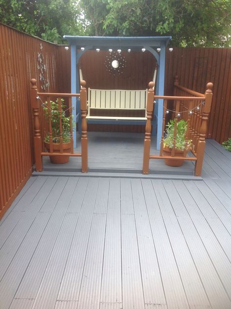 Fence painted in Ronseal medium oak, seat in Cuprinol forget me not and country cream, decking Cuprinol urban slate. Cream Decking, Cuprinol Urban Slate, Stone Decking, Garden Fence Paint, Garden Idea, Fence Paint, Fence Ideas, Garden Painting, Small Garden Design