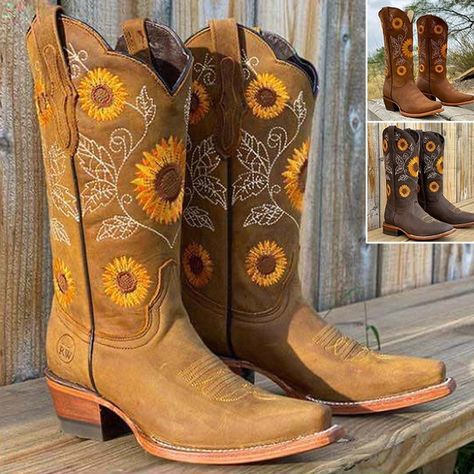 Embroidery Cowboy, Sunflower Boots, Leather Boots Knee High, Snip Toe Cowgirl Boots, Cute Cowgirl Boots, Sunflower Embroidery, High Boots For Women, Cowboy Boots For Women, Printed Boots