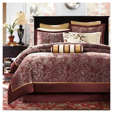 Churchill 12 Piece Jacquard Comforter Set- Burgundy (Queen), Red Burgundy And Gold Bedroom, Paisley Comforter, Luxury Comforter Sets, Jacquard Bedding, Luxury Bedding Collections, American Signature Furniture, Value City Furniture, Cotton Bedsheets, King Comforter Sets