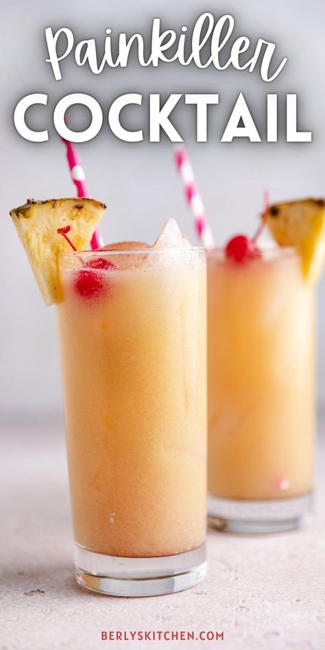 This painkiller cocktail features dark rum, pineapple juice, tart orange juice, and creamy coconut flavors. Painkiller Drink, Tequila And Lemonade, Painkiller Recipe, Vodka Cranberry Cocktail, Cocktails Made With Rum, Painkiller Cocktail, Alcohol Beverages, Fruity Cocktail, Craft Cocktail Recipe