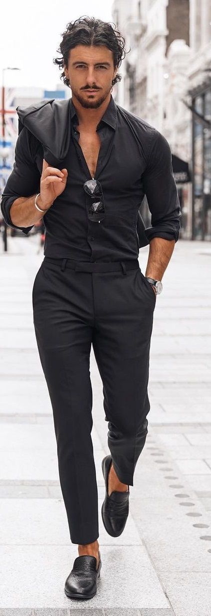 Mobster Fashion Men, Men In Black Suits Classy, Male Villan Outfit, Black On Black Mens Formal, Fancy Men’s Outfits, Male Mafia Outfit, Lucifer Outfits Men, Black Formal Wear For Men, Black Formal Wear Men