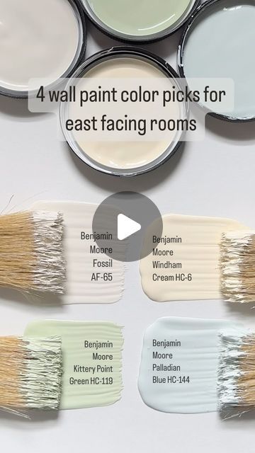 Karolina De Costa on Instagram: "4 Paint Color Picks For East Facing Rooms  East facing rooms can be tricky since the light in the morning is warm and cheerful but in the evening can turn cool.   When picking a color for an east facing room first consider WHEN you will be using the room.  For example, you will probably spend most of your time in the living room during the evening when east facing rooms will be cooler so opt for a warmer wall paint color.  Benjamin Moore Fossil AF-65:  This soft neutral has a hint of beige to create a warm and cozy space without feeling too heavy.  Benjamin Moore Windham Cream HC-6: Creamy without feeling too yellow, this soft shade will give your east facing a sunny feel in the morning and continue to feel cheerful in the evening.  Benjamin Moore Kittery P Paint For East Facing Room, Best Paint Colors For East Facing Rooms, Benjamin Moore Fossil, East Facing Living Room, East Facing Room, Benjamin Moore Palladian Blue, Paint 2024, Wall Paint Color, Paint Colors Benjamin Moore