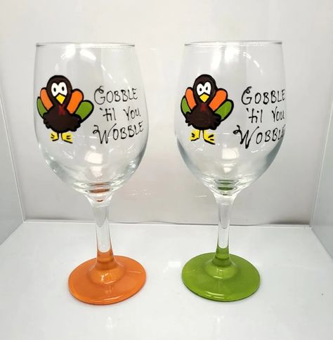 Thanksgiving Turkey (Orange & Green) Gobble Til You Wobble Hand Painted Wine Glasses -  Set of 2 Turkey Wine, Holiday Picks, Gobble Til You Wobble, Hand Painted Wine Glasses, Painted Wine Glasses, Thanksgiving Parties, Amazon Handmade, Cute Sets, Thanksgiving Turkey