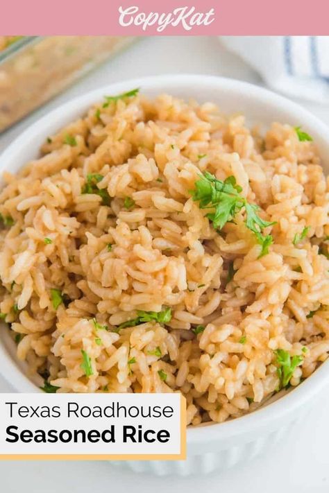 Bring the hearty flavors of Texas Roadhouse Seasoned Rice to your dinner table with this easy copycat recipe! Perfectly spiced, aromatic rice dish is an irresistible side that pairs beautifully with any entrée. A savory blend of herbs and spices ensures a flavorful bite every time. Find out how to make the best seasoned rice at home. Serve it with steak or grilled meat for a complete meal. Get ready to enjoy some incredible flavor with this Texas Roadhouse Seasoned Rice copycat recipe! Texas Roadhouse Rice Recipe, Texas Roadhouse Rice, Mixed Veggie Recipes, Roadhouse Rice, Texas Roadhouse Seasoned Rice, Texas Rice, Rice Recipes Side, Parsley Recipes, Season Aesthetic