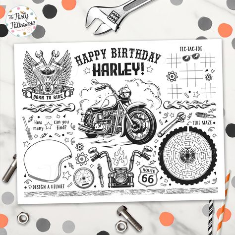 Motorcycle Coloring Placemat, Biker Birthday, Motorbike, Personalized, Digital File, Printable, Custom, Activity Mat by ThePartyPatisserie on Etsy Motorcycle Birthday Parties, Fun Party Ideas, Biker Birthday, Motorcycle Birthday, Activity Mat, Party Package, Package Deal, Kids Party Games, Welcome To The Party