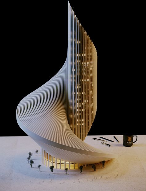 Geometric Forms Design Architecture, Futuristic Residential Architecture, Unique Building Materials, Interesting Architecture Building, Swirl Architecture, Architecture Sculpture Model, Bio Mimicry Architecture, Tree Inspired Architecture, Curving Architecture