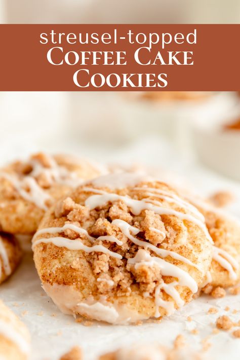 A classic sugar cookie, a snickerdoodle, and a cinnamon streusel coffee cake combine to make these unbelievably delicious vanilla-glazed coffee cake cookies! Cinnamon Streusel Coffee Cake Cookies, Coffee Cake Cookie Recipes, Gluten Free Coffee Cake Cookies, Cinnamon Streusel Cookies, Cinnamon Coffee Cookies, Gilmore Girls Coffee Cake Cookies, Coffee Cake Cookies Crumbl, Coffee Cake Cookies Recipe, Coffee Cake Bars