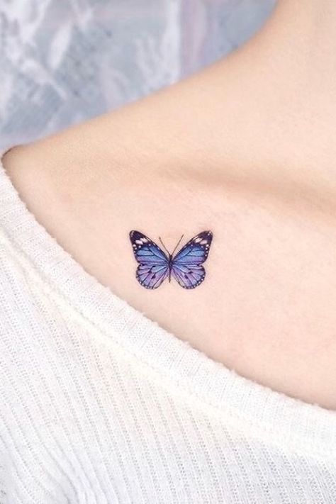 A collection of butterfly tattoo ideas to suit all genders. From delicate small designs to bold black and grey pieces; there's something here for everyone! #tattoosforwomen #tattooideas White Butterfly Tattoo, Tiny Butterfly Tattoo, Purple Butterfly Tattoo, Monarch Butterfly Tattoo, Simple Butterfly Tattoo, Blue Butterfly Tattoo, Dragons Tattoo, Butterfly Tattoo Ideas, Small Butterfly Tattoo