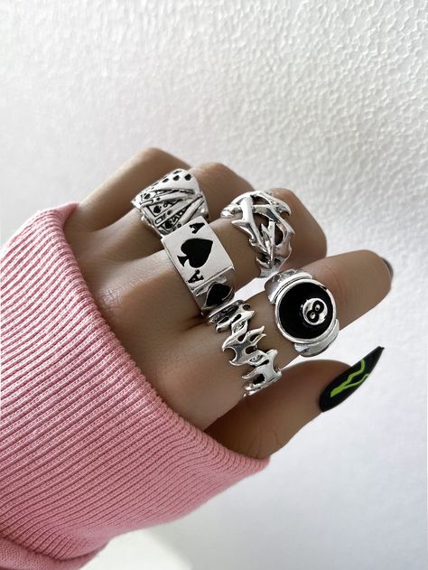 5pcs Playing Card Detail Ring Ring Settings Types, Punk Vintage, Retro Punk, Punk Jewelry, Vintage Gothic, Detailed Ring, Chunky Rings, Retro Jewelry, Gadget Gifts