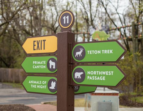 Zoo Signage Design, Sign Design Outdoor, Village Signage, Zoo Wayfinding, Signpost Design, Zoo Sign, Zoo Signage, Interpretive Signage, Zoo Architecture