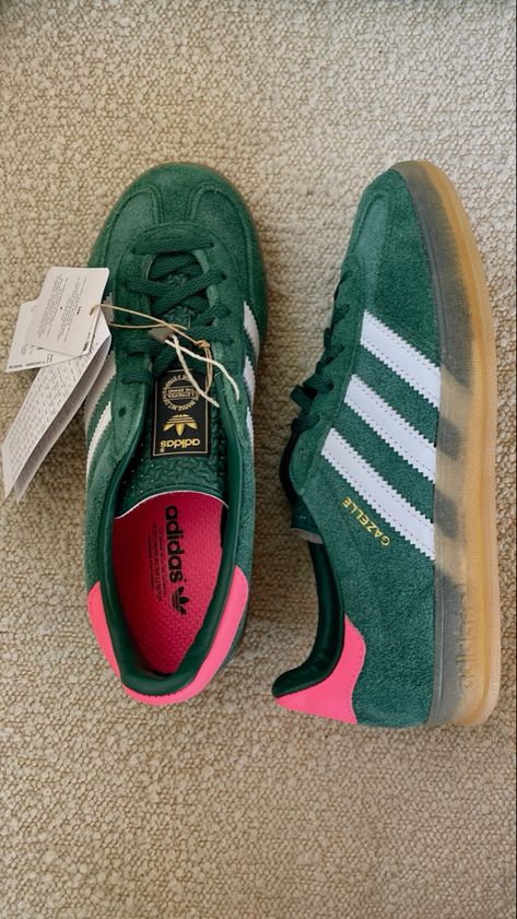 Green And Pink Gazelle, Adidas Green Gazelle, Green And Pink Adidas, Adidas Gazelle Indoor Green, Green And Pink Shoes, Adidas Gazelle Indoor Pink, Green And Pink Sambas, Adidas Green Sneakers, Adidas Green Shoes