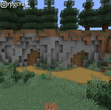 Cliff Face Minecraft, Ruined Minecraft Builds, Minecraft Cave Base Entrance, Minecraft Landscaping, Minecraft Cliff, Minecraft Terraforming, Minecraft Medieval Village, Minecraft Create, Minecraft Interior Design