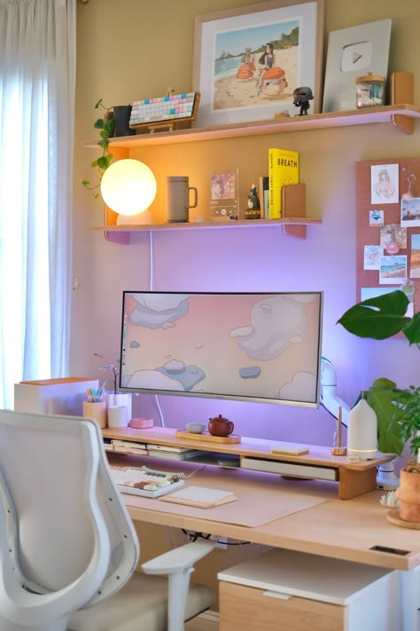 Her best tips for a cozy home office space that's colorful, minimalist and clean. Study Space Aesthetic Minimalist, Home Office Workspace Cozy, Office Home Aesthetic, Cozy Tech Aesthetic, Cozy Minimalist Desk, Colorful Study Room, Korean Home Office, Bedroom Desk Space, Lofi Aesthetic Office