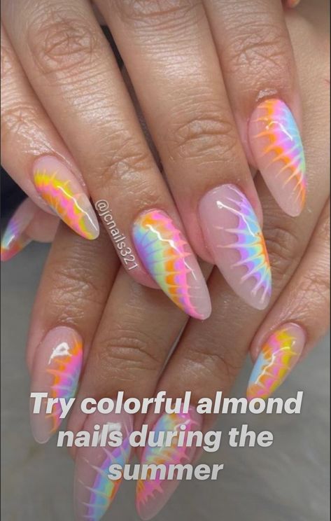 Nail Designs2023 Summer, Nails 2023 Trends Summer Colorful, Almond Festival Nails, Tie Dye Almond Nails, Bright Fun Summer Nails, Almond Nails Designs Summer 2023, Summernails Summer Nail Ideas 2023, Summer Gel Nails Ideas Almond, Trending Summer Nails Almond