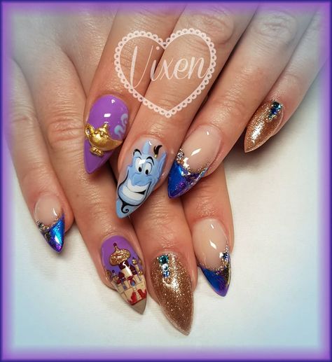 Princess Jasmine Nail Art, Jasmine Nail Art, Aladdin Nail Art, Genie Nails, Disney Movie Nails, Aladdin Nails, Aladin Disney, Amethyst Nails, Nail Competition