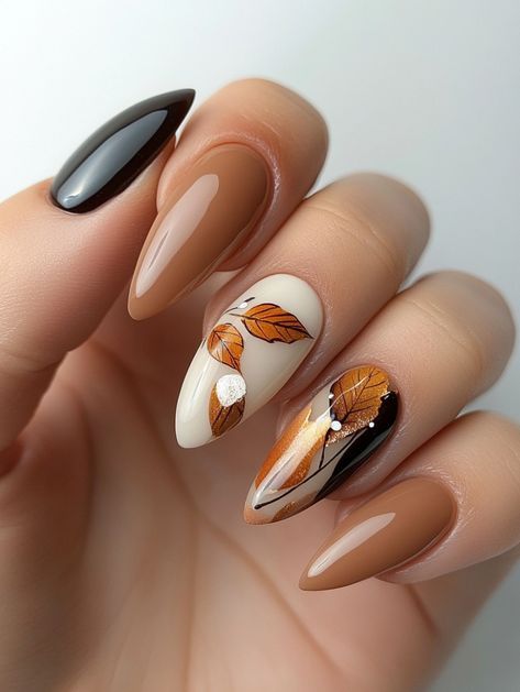 Short Nail Autumn Designs, Fall Nail Leaves, Nails 2024 Autumn, Autumn Leaf Nails, Autumn Nail Art Designs, Virgo Nails, Fall Leaves Nail Art, Nails Autumn, Fall Nail Trends