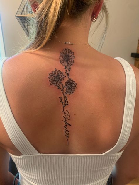 Sun Flower Spine Tattoo, Daisy Flower Spine Tattoo, Spine Tattoos Sunflower, Aster Flower Spine Tattoo, Back Tattoo Women Spine Sunflower, Spine Tattoo Sunflower, Sweetest Of The Sunflowers Tattoo, Sunflower Spine Tattoo, Secret Tattoo Placement