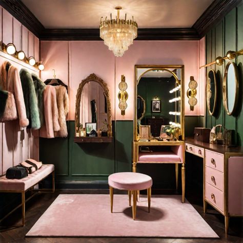 See what I created with Hotpot.ai: A dressing room with a vanity, hobbit style, light pink, green, and gold tones with dark wood, gallery wall Dark Green Dressing Room, Moody Dressing Room, Pink Green Gold Interior, Pink And Green Dressing Room, Green Dressing Room, Dark Dressing Room, Neon Dressing Room, Pink Green Gold Wallpaper, Pink Dressing Room