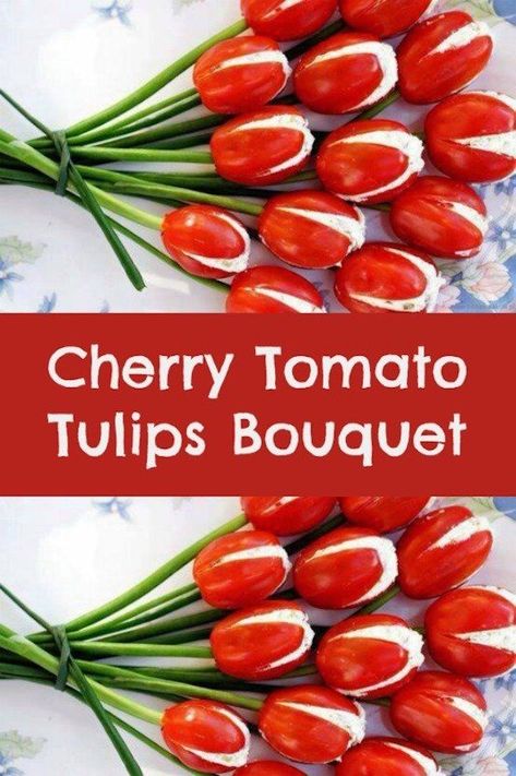 The perfect appetizer for your party or also great for Valentine's Day. #easy #healthy #love #funfood #appetizer #fun Wedding Food Appetizers, Tomato Tulips, Food Layout, Tulips Bouquet, Food Appetizers, Tulip Bouquet, Cherry Tomato, Fun Foods, Entertaining Recipes