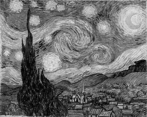 A black & white rendition of V. van Gogh's "Starry Night" (van Gogh 1889) The Starry Night Painting, Starry Night Tattoo, Van Gogh Tattoo, Van Gogh Wallpaper, Starry Night Wallpaper, Blue Drawings, Starry Night Painting, Black And White Picture Wall, Arte Van Gogh