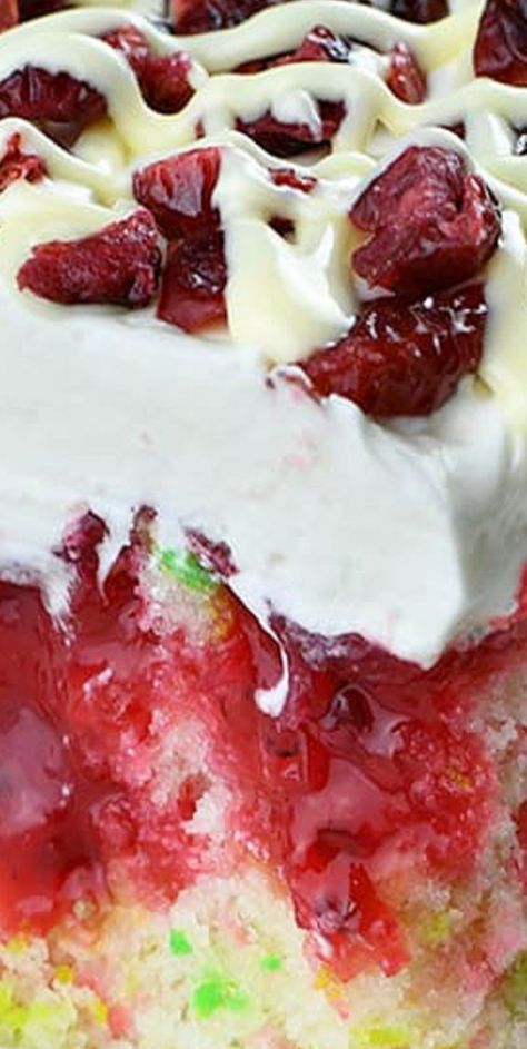 Christmas Cranberry Poke Cake, Cranberry Poke Cake, Savory Chocolate, Heavenly Christmas, Moist White Cake, White Chocolate Drizzle, Christmas Cranberry, Sweet Savory Recipes, Jello Cake