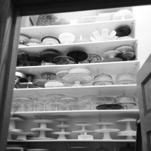 A tiny glimpse into My Prop Closet! Baking Organization, Baking Storage, Bakers Kitchen, How To Stack Cakes, Unique Glassware, I Am Baker, Cake Stand Display, Cake And Cupcake Stand, Glass Cake Stand