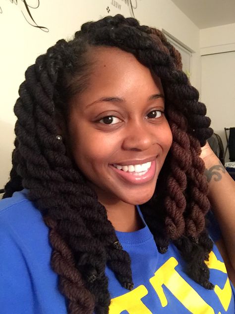 Jumbo yarn twists (8 strings per twist) Yarn Twist Braids, Yarn Twist Hairstyles Short, Yarn Braids Hairstyles, Twists Inspiration, Yarn Braids Styles, Yarn Twists, Brazilian Wool Hairstyles, New Natural Hairstyles, Yarn Twist