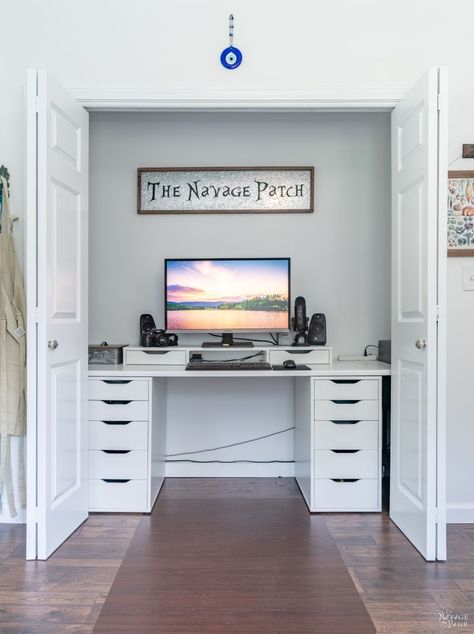 Closet-to-Office Makeover - The Navage Patch Closet To Office Conversion, Closet Turned Office, Desk Ikea, Countertop Desk, The Navage Patch, Craft Room Closet, Guest Bedroom Home Office, Closet Desk, Navage Patch