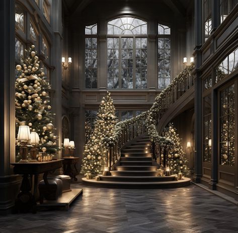 Christmas Mansion Interior, Christmas Mansion Exterior, Christmas Chateau, Mansion Christmas Decor, Luxury Christmas Aesthetic, Winter Mansion, Christmas Mansion, Mansion Christmas, Dark Maximalist