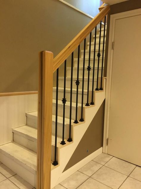 Iron Spindle Staircase, Spindle Staircase, Wrought Iron Spindles, Iron Spindles, Metal Spindles, Interior Railings, Handrail Design, Staircase Remodel, Staircase Makeover