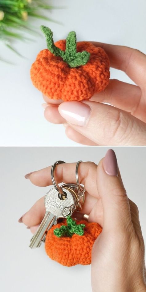 Fun Crochet Pumpkins. This adorable little pumpkin will make a great keychain, because it's small and super cute. What's more, you can gift it to your friend, that loves fall and Halloween. the finished size is 2 cm heigh and 4,5 cm long. A 1,75 mm hook should be perfect for this project. #freecrochetpattern #fall #pumpkin Crochet Pumpkin Car Charm Pattern, Pumpkin Keychain Crochet Pattern Free, Crochet Pumpkin Keychain Pattern, Fall Crochet Keychain Pattern, Crochet Patterns For Pumpkins, Small Pumpkin Crochet Pattern Free, Halloween Crochet Keychain Pattern, Tiny Pumpkin Crochet Pattern Free, Crochet Pumpkin Keychain Free Pattern