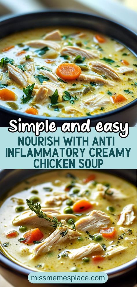 Warm up with a bowl of Anti-Inflammatory Creamy Chicken Soup. Packed with tender chicken, vibrant veggies, and creamy coconut milk, this dish is not only comforting but also boosts your wellness. Ready in under 30 minutes, it's perfect for busy nights or meal prep! Try it today and feel the difference. 🍲🥥 Immune Boosting Chicken Soup Recipes, Chicken Thigh Soup Recipes Homemade, Crockpot Creamy Chicken Soup Recipes, Anti Inflammation Chicken Soup, Creamy Chicken Soup Instant Pot, Chunky Chicken Soup, Immunity Boosting Soup, Winter Chicken Soup, Post Partum Soup