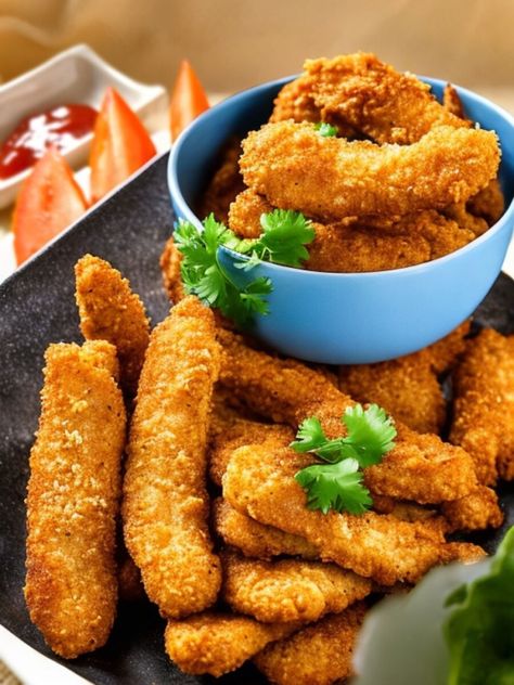 Vegan chicken nuggets on a plate: a delicious crispy golden vegan chicken tenders recipe Vegan Chicken Tenders, Vegetarian Chicken Nuggets, Panko Crusted Chicken Tenders, Bake In The Air Fryer, Best Vegan Chicken, Plant Based Chicken, Panko Crusted Chicken, Vegan Chicken Nuggets, Chicken Nuggets Recipe