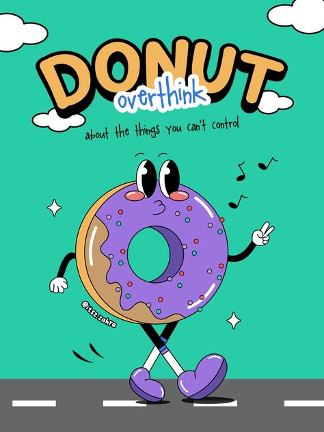 DONUT OVERTHINKING RETRO CHARACTER ILLUSTRATION POSTER GREEN PURPLE WALK ADOBE ILLUSTRATOR GRAPHIC DESIGN Poster Donat, Donut Drawing, Cute Quotes For Instagram, Proposal Design, Illustrator Design Tutorial, Graphic Design Images, Kawaii Illustration, Retro Recipes, Cartoon Crossovers