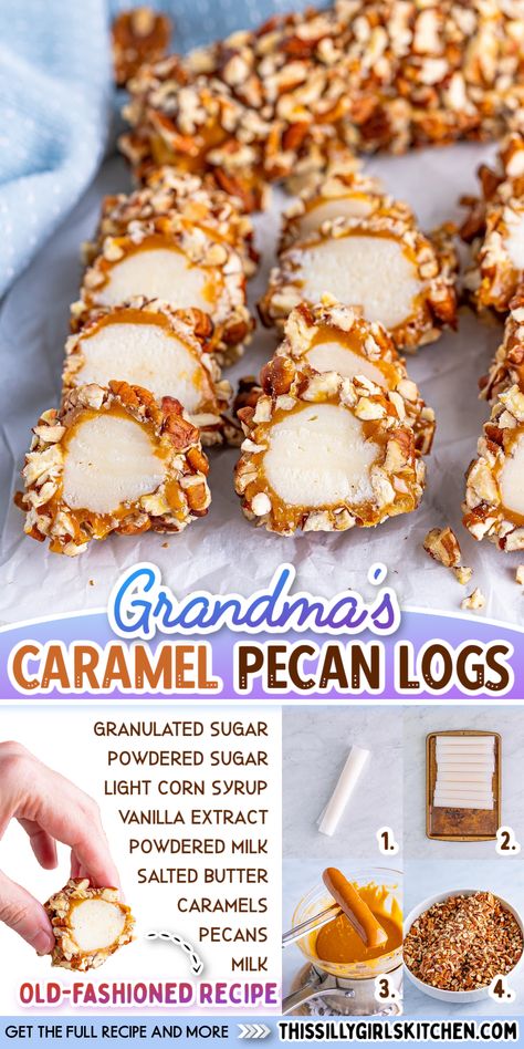 caramel pecan logs Pecan Rolls Candy, Pecan Logs Easy, Caramel Log Bars, How To Make Pecan Candy, Pecan Log Recipe, Pecan Logs Roll Recipe, Snacks For Ladies Night Simple, Pecan Roll Candy Recipe, Caramel Pecan Fudge Recipe