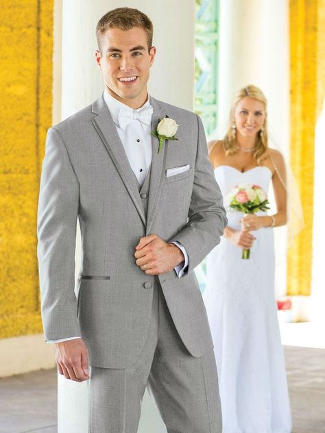 Stephen Geoffrey Heather Grey Aspen. For a polished look, the Heather Grey Aspen tuxedo is a stylish choice. Tailored in 100% worsted wool with a slim fit styling, the Heather Grey Aspen's contemporary notched lapels edged in satin add a... Grey Tux Wedding, Ivory Tuxedo, Wedding Wine Charms, Wedding Gown Preservation, Grey Suit Wedding, Grey Tuxedo, Shawl Collar Coat, Diy Wedding Planning, Aspen Wedding