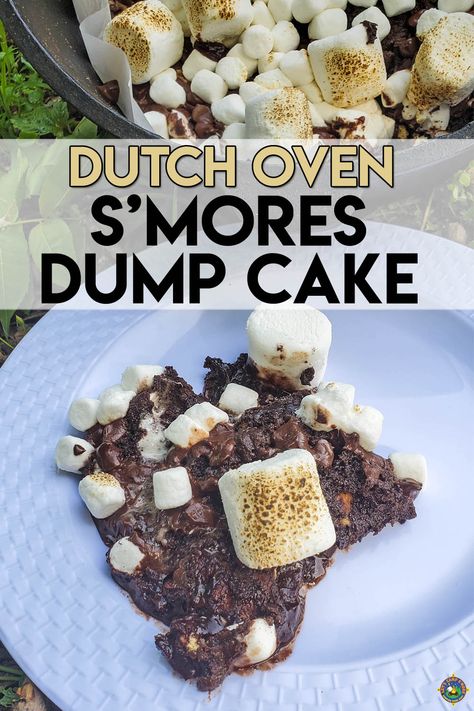 Camping Dump Cake, Smores Dump Cake, Cast Iron Dump Cake Recipes, Dump Cake Recipes Dutch Oven, Dutch Oven Dump Cake Recipes, Dutch Oven Smores, Campout Activities, Dutch Oven Chocolate Cake, Chocolate Dutch Oven Dessert