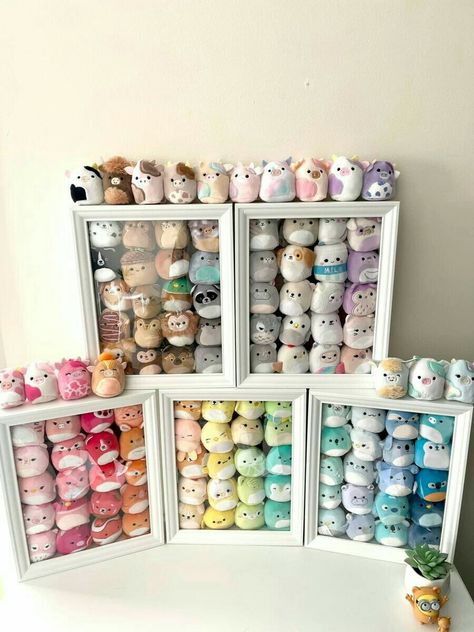 Mini Squishmallows Storage, Cute Collection Ideas, Squishmallow Setup Ideas, Squishmallow Room Decor, Squshmellow Collection Aesthetic, Squishmallow Collection Display, Squishville Display, Squishmallow Display Ideas, Squishmallow Bedroom